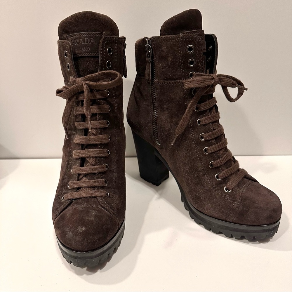 Prada Sport Brown Suede Combat Boots